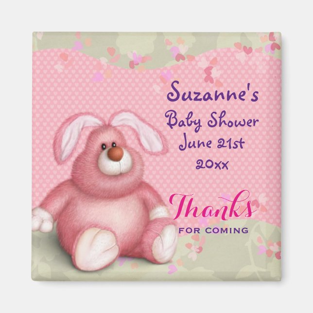 Cute Rosa Bunny med Hearts Baby Shower Tack Magnet (Framsidan)