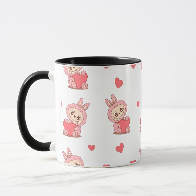 Cute Rosa Bunny Monster Holding Heart - Kawaii Lov Mugg (Vänster)