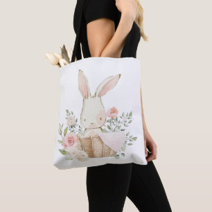 Cute Rosa Bunny Rabbit i Basket Watercolor Tygkasse