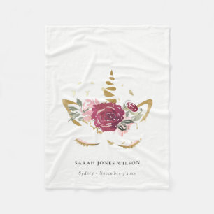 Cute Rosa Burgundy Faux Guld Blommigt Unicorn Kids Fleecefilt