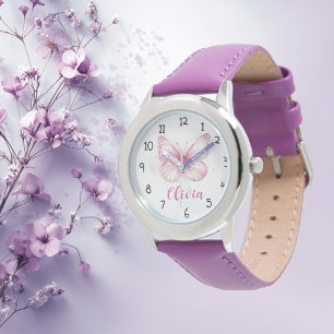 Cute Rosa Butterfly Girls Personlig Watch Armbandsur