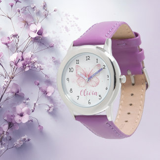 Cute Rosa Butterfly Girls Personlig Watch Armbandsur