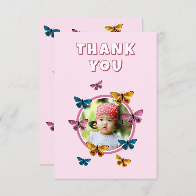 Cute Rosa Butterfly Mönster Birthday Photo Tack Kort (Fram/baksida)