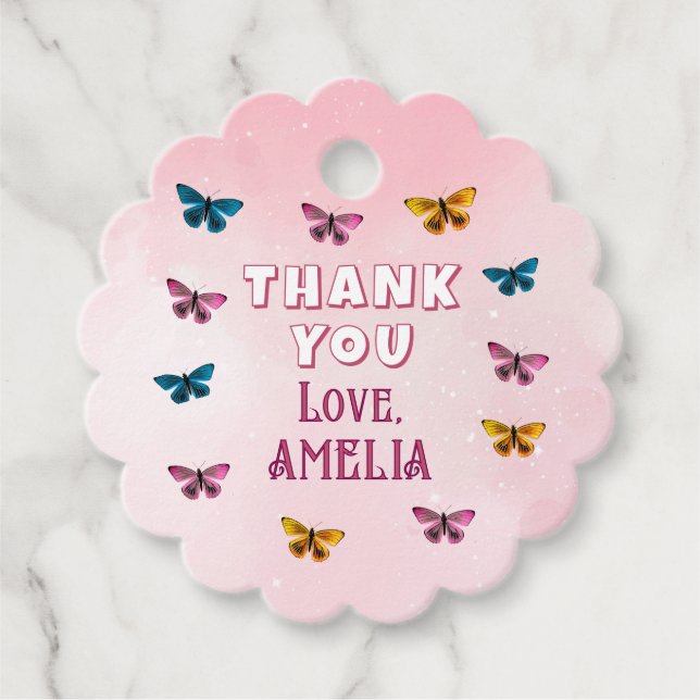 Cute Rosa Butterfly Mönster Tack på födelsedagen Gåvor Etiketter (Framsida)