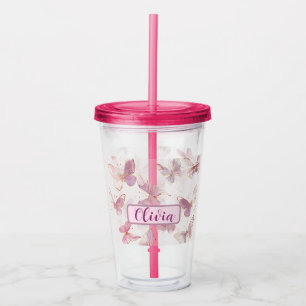 Cute Rosa Butterfly Personlig Acrylic Tumbler Take Away Mugg