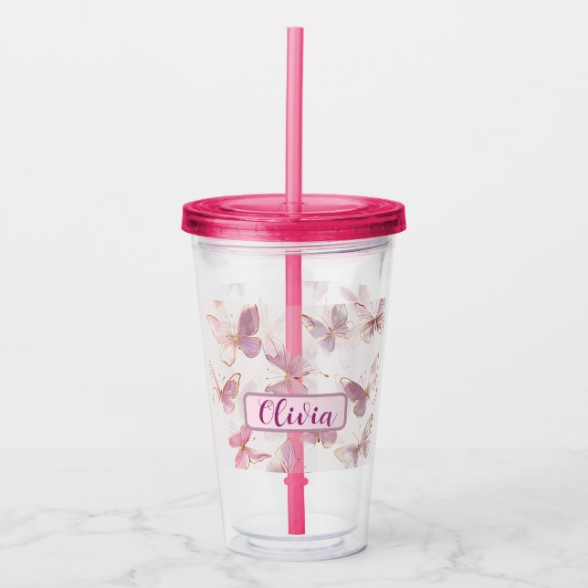 Cute Rosa Butterfly Personlig Acrylic Tumbler Take Away Mugg (Framsida)