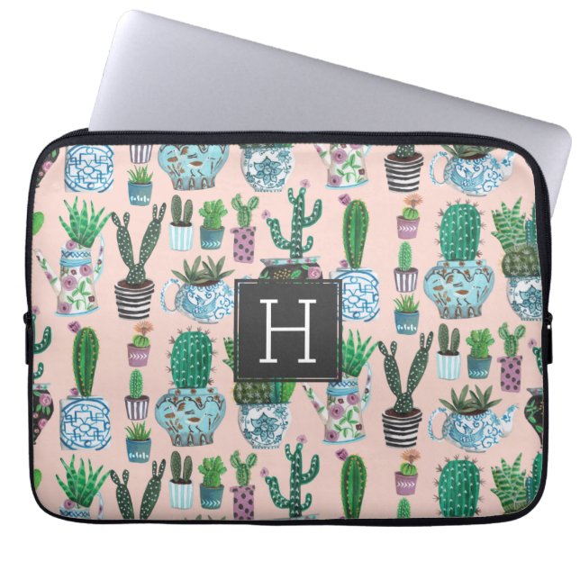 Cute rosa cactus succulus monogram mönster laptop fodral (Framsidan)
