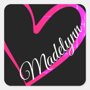 Cute Rosa Calligraphy Heart on Black Custom Name Fyrkantigt Klistermärke