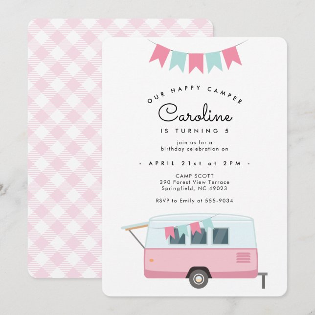 Cute Rosa Camping Lycklig Camper Birthday Inbjudningar (Fram/baksida)