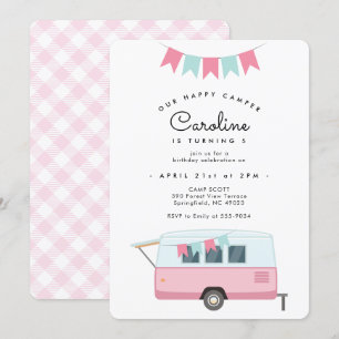 Cute Rosa Camping Lycklig Camper Birthday Inbjudningar