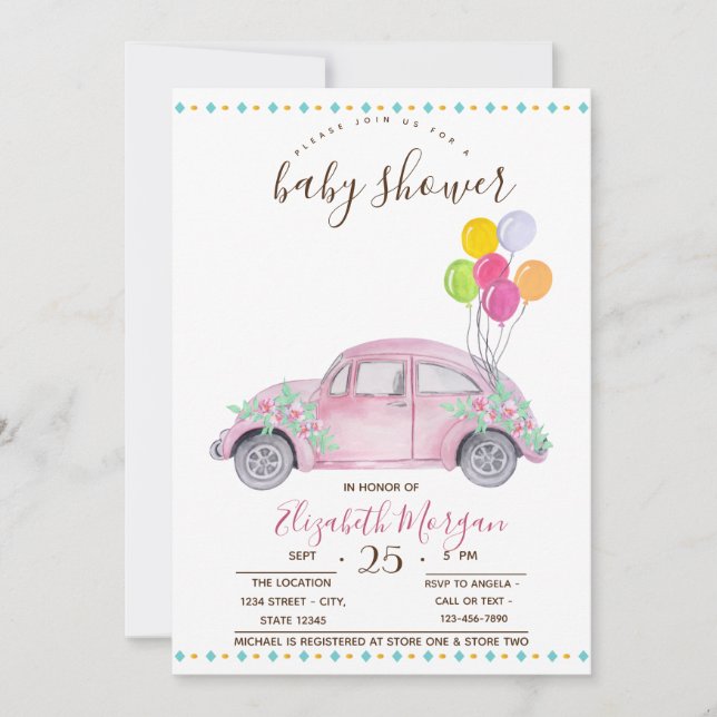 Cute Rosa Car,Balloons Zigzag Baby Shower Inbjudningar (Framsida)