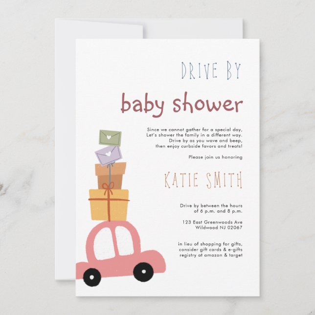 Cute Rosa Car med gifts-enhet för babyskor Inbjudningar (Framsida)