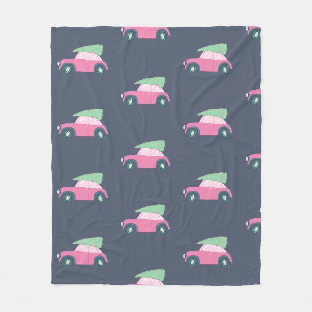 Cute Rosa Car med Julgran i vattenfärg Fleecefilt (Framsidan)