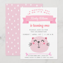 Cute Rosa Cat | BARNS FÖDELSEDAG Inbjudningar