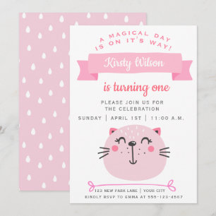 Cute Rosa Cat BARNS FÖDELSEDAG Inbjudningar