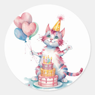 Cute Rosa Cat Birthday Cake - Birthday Runt Klistermärke