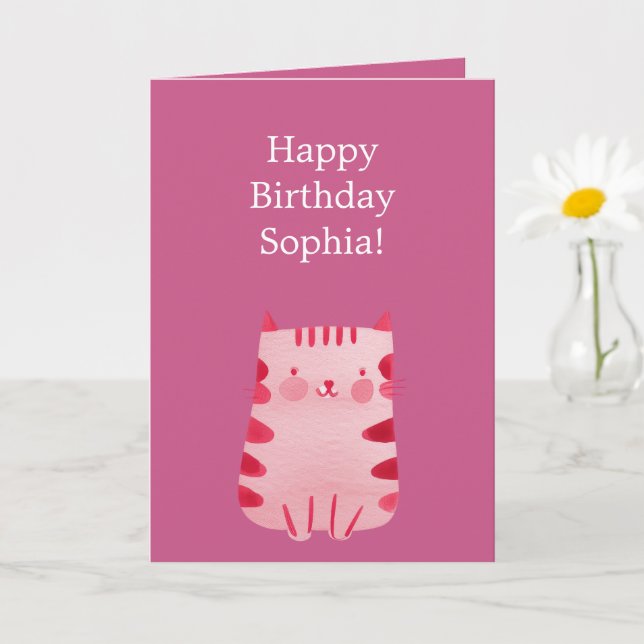Cute Rosa Cat Birthday Kort (Liten växt)