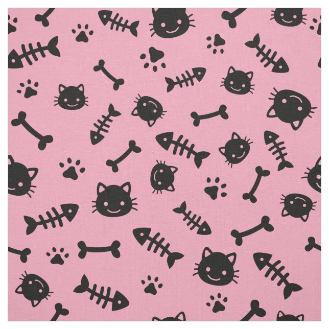 Cute Rosa Cat Bones Fish Tass Mönster Tyg (Provkarta)