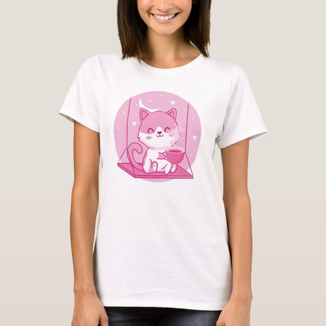 Cute Rosa Cat Coffee, Kitten Swing Caffeine Drink T Shirt (Framsida)