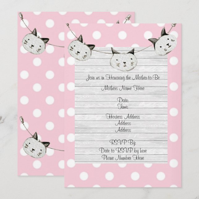 Cute Rosa Cat Girl Polka Dot Rustic Baby Shower Inbjudningar (Fram/baksida)