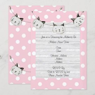 Cute Rosa Cat Girl Polka Dot Rustic Baby Shower Inbjudningar