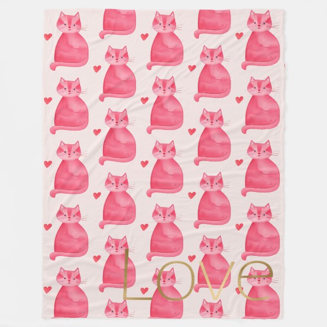 Cute Rosa Cat Heart Guld Kärlek Fleecefilt (Framsidan)
