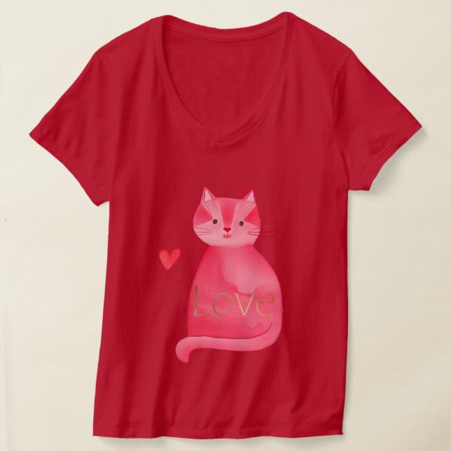 Cute Rosa Cat Heart Guld Kärlek T Shirt (Laydown)