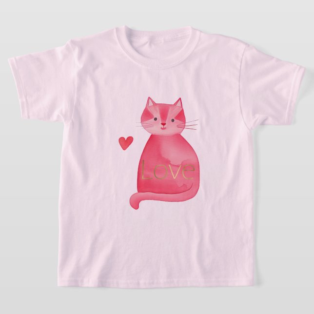 Cute Rosa Cat Heart Guld Kärlek T Shirt (Laydown)