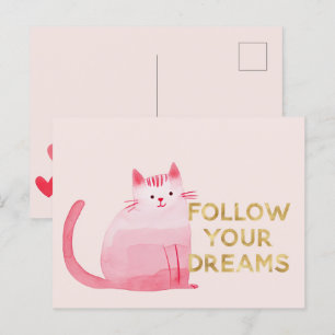 Cute Rosa Cat Hearts Guld Följ drömmar Vykort