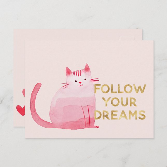 Cute Rosa Cat Hearts Guld Följ drömmar Vykort (Fram/baksida)