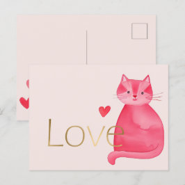 Cute Rosa Cat Hearts Guld Kärlek Vykort