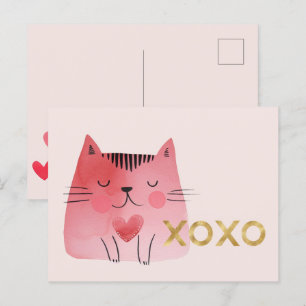 Cute Rosa Cat Hearts Guld XOXO Vykort