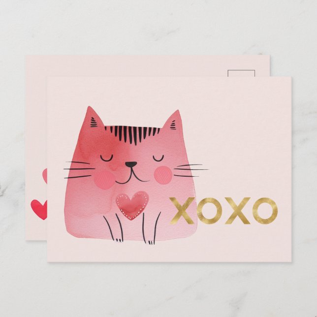 Cute Rosa Cat Hearts Guld XOXO Vykort (Fram/baksida)