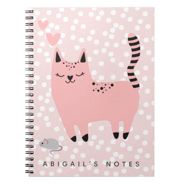 Cute Rosa Cat och Polkadots - Kids Anteckningsbok (Framsidan)