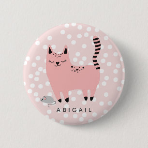 Cute Rosa Cat och Polkadots - Personlig Girls Knapp