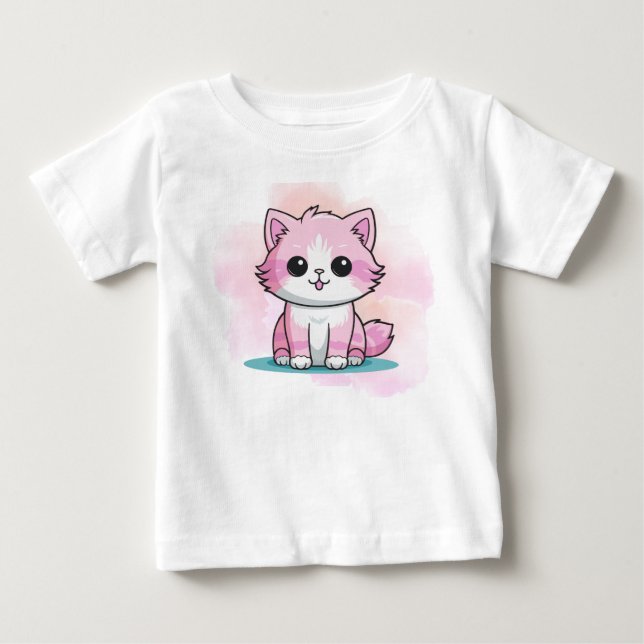 Cute Rosa Cat Watercolor Tecknad Kitten Animal T Shirt (Framsida)