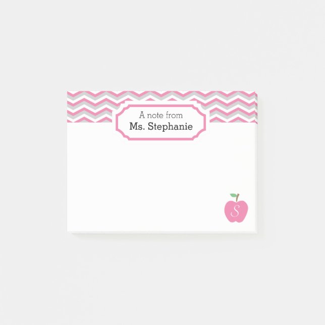 Cute Rosa Chevron Apple Monogrammed Teacher Note Post-it Block (Framsida)