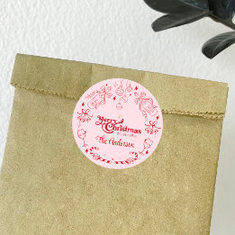 Cute rosa christmas doodle anpassningsbar namn runt klistermärke