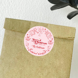 Cute rosa christmas doodle anpassningsbar namn runt klistermärke