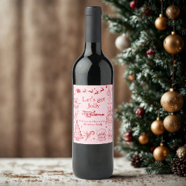 Cute rosa christmas quirky doodle-anpassningsbar vinflaska etikett