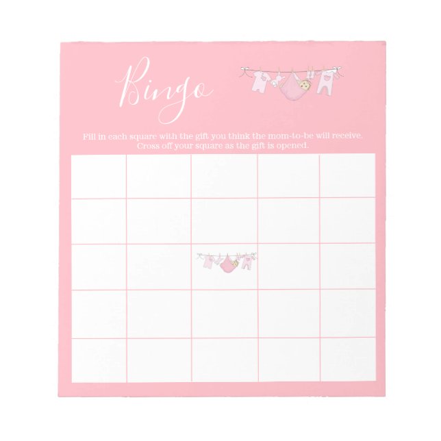 Cute Rosa Clothesline Girl Baby Shower Bingo Game Anteckningsblock (Framsida)