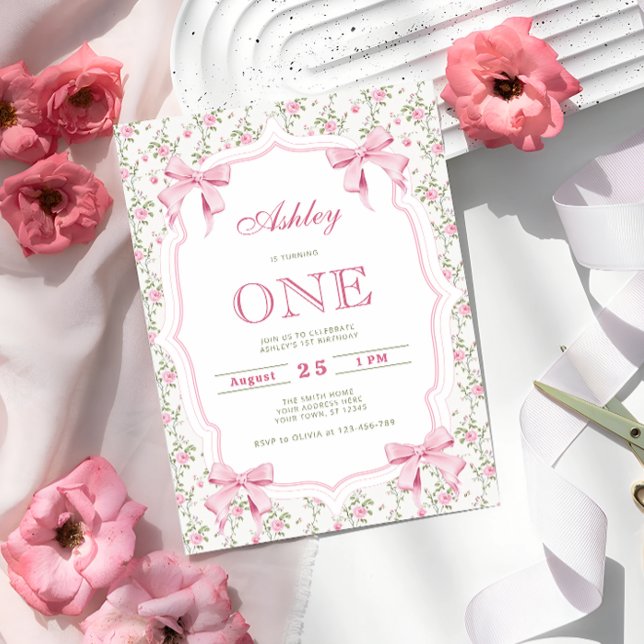 Cute Rosa Coquette Bow 1:a födelsedagen Inbjudningar (Skapare uppladdad)
