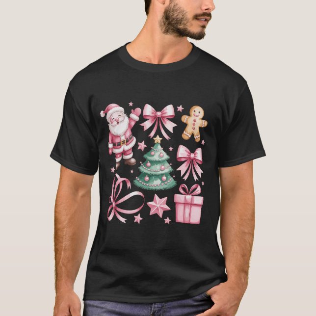 Cute Rosa Coquette Bow Santa Julgran Julafton T Shirt (Framsida)