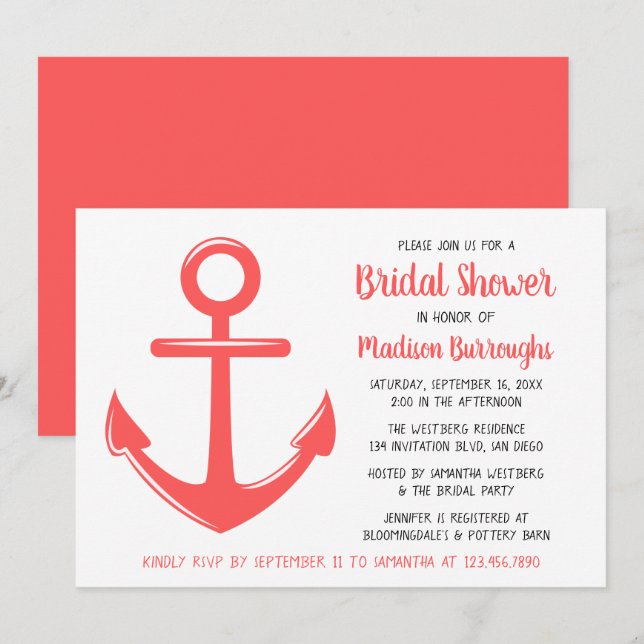 Cute Rosa Coral Boat Anchor Nautical Möhippa Inbjudningar (Fram/baksida)