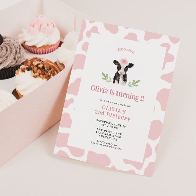 Cute Rosa Cow Mönster Birthday Inbjudningar (Skapare uppladdad)