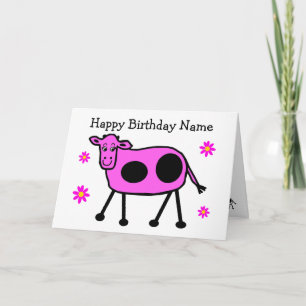 Cute Rosa Cow och Flowers Tecknad födelsedag Kort