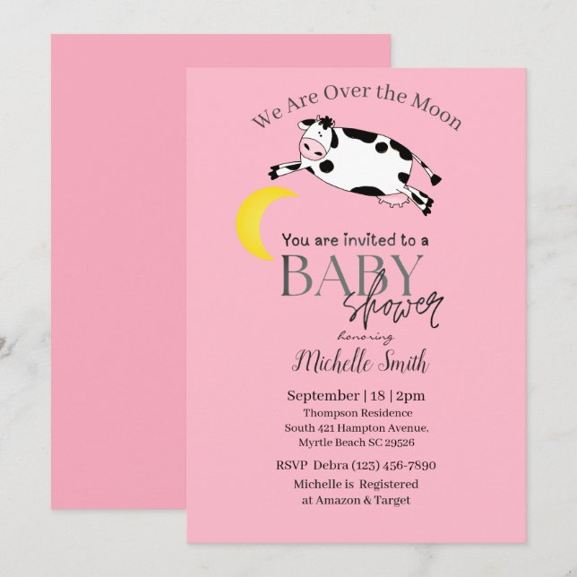 Cute Rosa Cow som snubblar över Måne babyskabinen Inbjudningar (Fram/baksida)