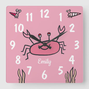 Cute Rosa Crab Sea Animal Girl Namn Fyrkantig Klocka