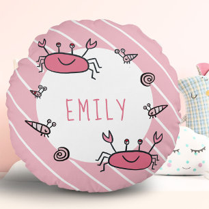 Cute Rosa Crab Sea Animal Girl Namn Rund Kudde