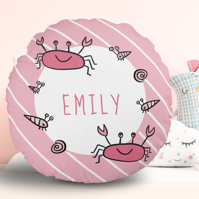 Cute Rosa Crab Sea Animal Girl Namn Rund Kudde (Skapare uppladdad)